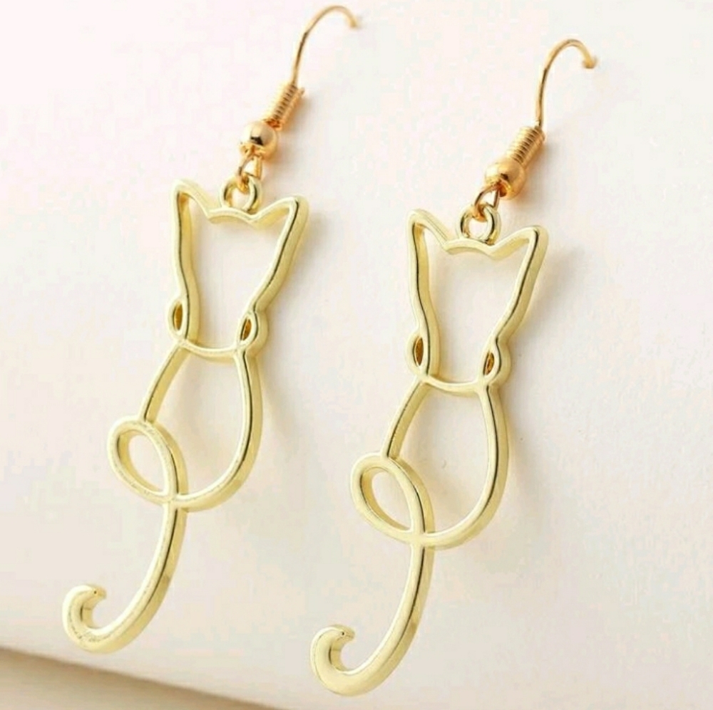 Kitty Cat Silhouette Gold-tone Dangling Earrings - Picture 5 of 6